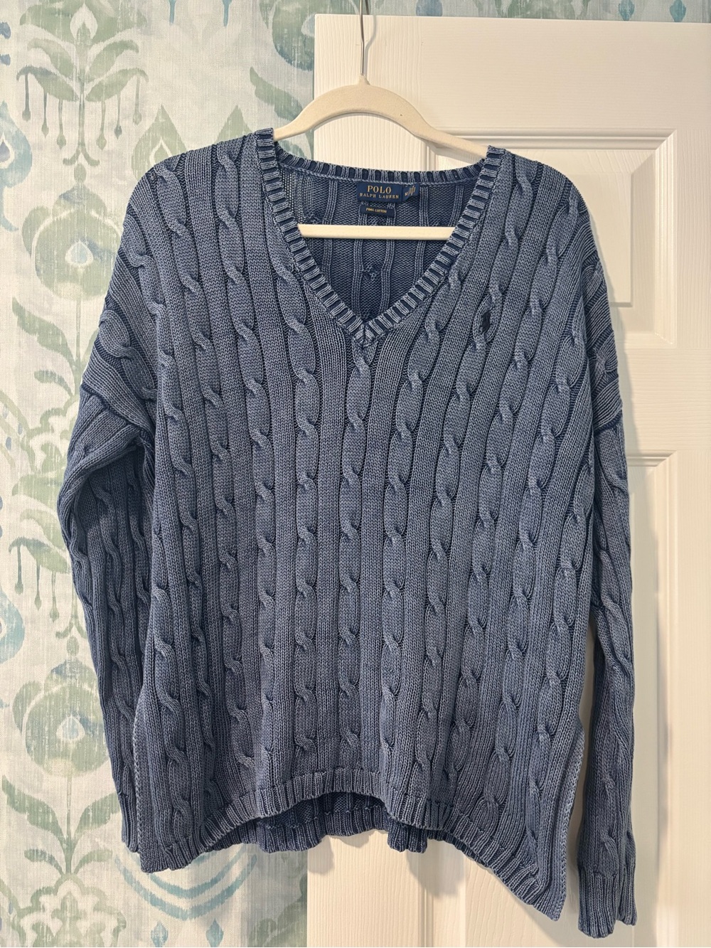 Polo Ralph Lauren Women's Washed Blue Cable Knit V-Neck Sweater